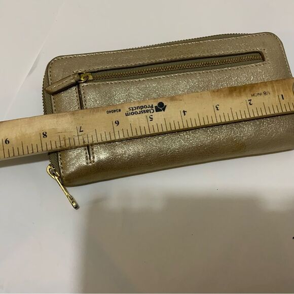 Fossil Gold Metallic Coated Leather Zip Around Wallet Clutch - Picture 10 of 10